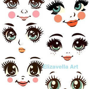Bonitas caras de muñeca estilo años 60, ojos y labios, arte original, clipart, hoja de collage imprimible, descarga de impresión digital