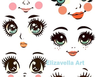 cute 1960s style doll faces eye and lips original art clipart printable collage sheet download digital print