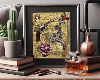 american constitution second amendment print guns roses digital art cowboy art country & western right to bear arms vintage ephemera