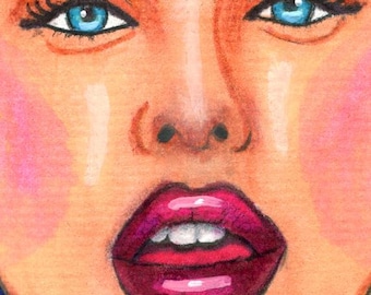 womans face red lipstick aceo original art drawing miniature portrait artist card