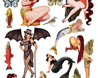 mermaid fairy pinup girls paper dolls die cuts clipart digital instant download DIY craft printables cut outs collage sheet graphics images