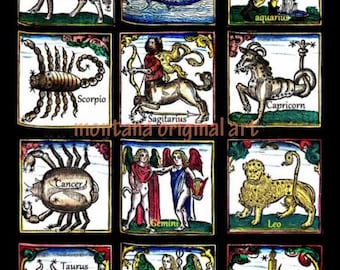 12 birthday zodiac signs color drawing original art print, celestia, astrology star signs horoscope artwork Scorpio Taurus Pisces Leo