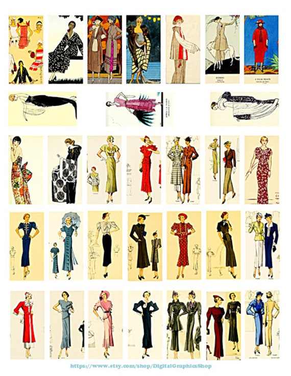 1920s fashion , 1930s, flapper girls, woman clipart, instant download, domino images, digital collage sheet, 1" x 2" inch printables