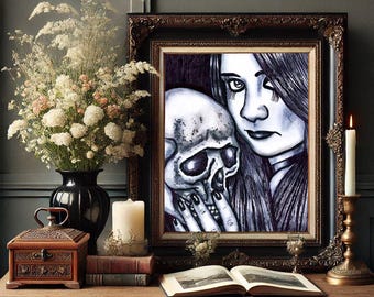 woman with lovers skull original ink drawing dark fantasy art print horror artwork