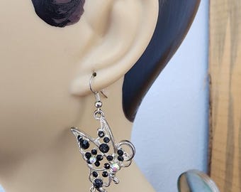 black crystal butterfly bead drop earrings metal charm earrings dangles handmade jewelry