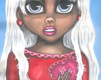 cute big eye black girl original art print, ethnic girl, big eye painting, low brow, artwork by Elizavella