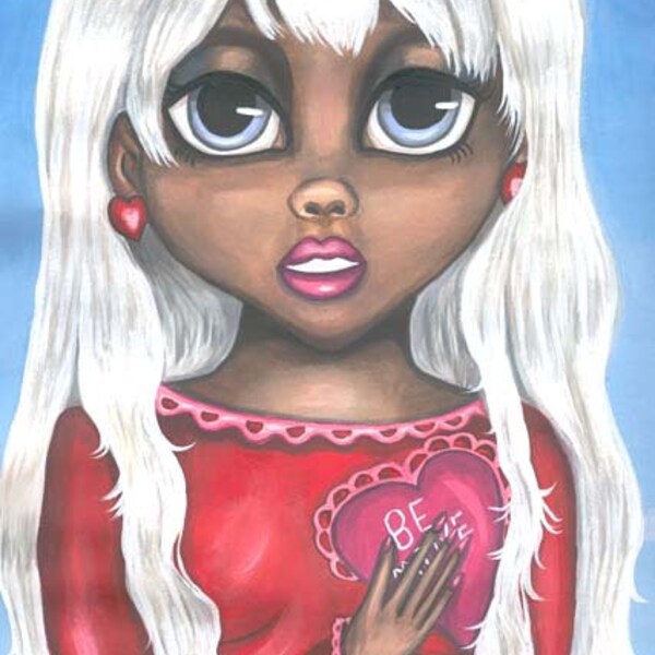 cute big eye black girl original art print, ethnic girl, big eye painting, low brow, artwork by Elizavella