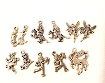 11 silver fantasy fairytale metal charms pendants 15mm to 22mm fairy, mermaid, unicorn, witch, cupid, dragons