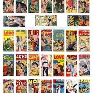 dominos collage sheet vintage comics romance, crime art, pulp fiction clipart, 1&quot; x 2&quot; inch digital printable