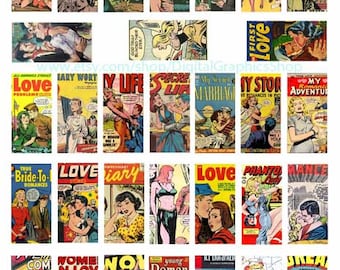 dominos collage sheet vintage comics romance, crime art, pulp fiction clipart, 1" x 2" inch digital printable