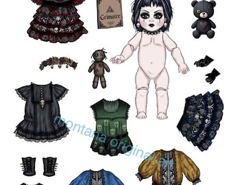Goth little baby girl paper doll with dresses articulated doll download Digital Printable Sheet paper toys