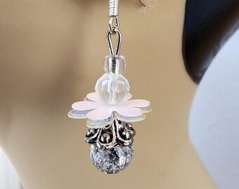 clear and silver bead sequin flower bead drop earrings long dangles plastic glass handmade jewelry