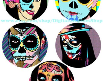 printable day of the dead people, sugars skulls, abstract art, clipart, 3.8" circles, digital collage sheet, aceo cards, instant download