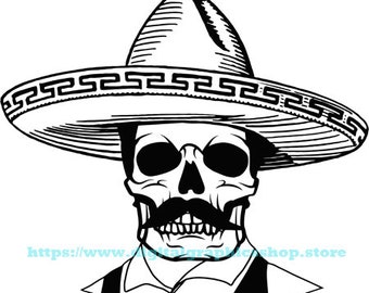 Emiliano Zapata skull png, day of the dead png, cowboy skeleton svg, printable Mexican cowboy skull png, skull clipart, instant download,