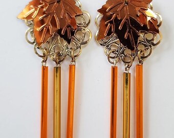 brown and gold leaf chandelier earrings, glass bead drop long dangles handmade jewelry