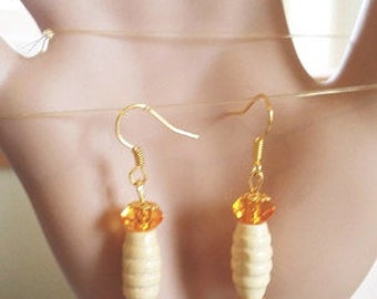 orange flower bead drop earrings, long dangles, wood earrings, handmade jewelry