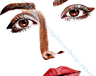 womans face png,  brown eyes red lips, makeup clipart, png, printable wall art, instant download, pinup girl, digital print, beauty art