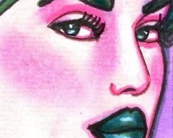 womans face, pink and green lady, aceo original art drawing, atc card, makeup beauty, miniature artwork, By Elizavella