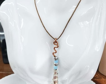 copper wire blue bead cord NECKLACE twisted metal pendant handmade artsy jewelry