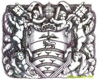 coat of arms, original angels art ink drawing, hand drawn art, cherubs, knights shield,  baroque leaves, fantasy medieval artwork