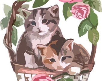 abstract art, kittens in rose basket, png, svg, jpg,  instant download, digital painting, animal clipart, pets, transfer images