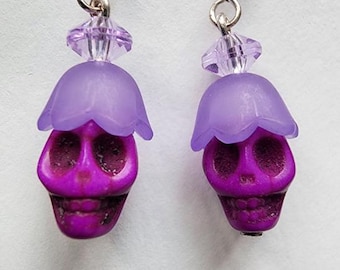 stone purple sugar skull earrings bead dangles day of the dead handmade jewelry