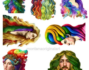 beautul rainbow hair people paper doll heads digital collage sheet, fantasy clipart printable die cuts instant download