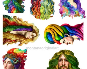 beautul rainbow hair men women paper doll faces heads digital collage sheet, fantasy clipart printable die cuts instant download