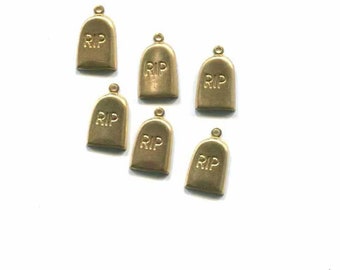 6 vintage gold brass metal grave stone charms 10mm x 15mm goth halloween cemetery charm lot jewelry making