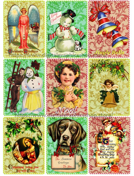 Vintage Christmas art collage sheet digital instant download 2.5" x 3.5" graphics downloadable images santa snowman kids vintage printables