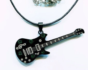 black guitar pendant cord NECKLACE stainless steel metal unisex music jewelry