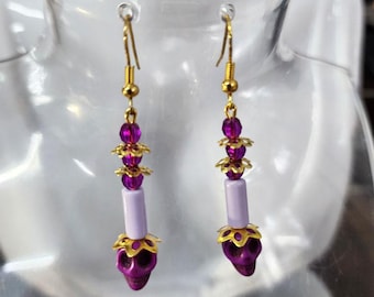 purple faux stone sugar skull earrings long bead drops day of the dead handmade jewelry