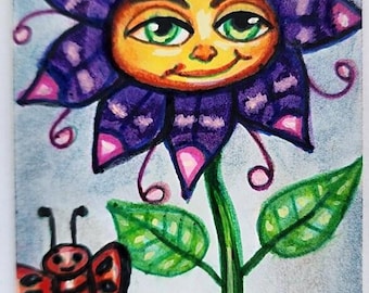Happy Face flower butterfly aceo drawing original art fantasy fairytale miniature art