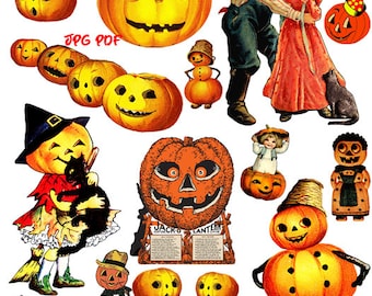 Vintage Halloween clipart collage sheet jacko lantern pumpkins cut outs PDF jpg printable instant digital download