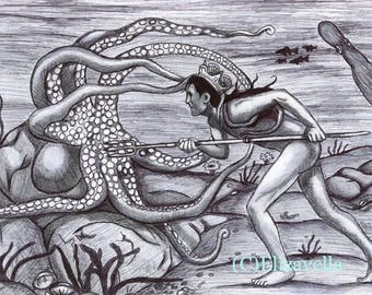 King Neptune original ink drawing hand drawn art sea Monster fantasy mythology illustration