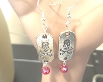 grungy silver smiling skull crossbones earrings, dog tag earrings red bead drops day of the dead goth jewelry