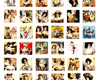 vintage victorian burlesque dancers collage sheet 1" inch squares 1800s women dancing ladies digital download printables