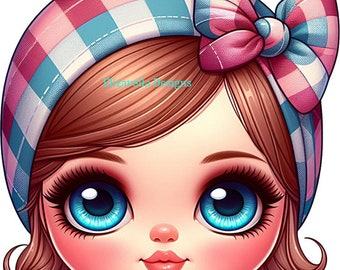 Big eye girl art png doll face png clipart printable art, color illustration digital instant download