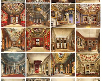 vintage castle room interiors furniture digital collage sheet 2" squares clipart print download