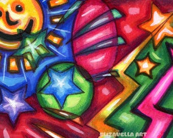 sun and stars abstract aceo drawing original art card celestial artwork
