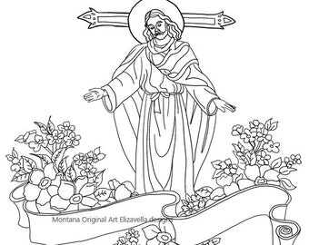 Jesus Christ scroll flowers png line art printable clipart jpg instant download digital adult coloring page