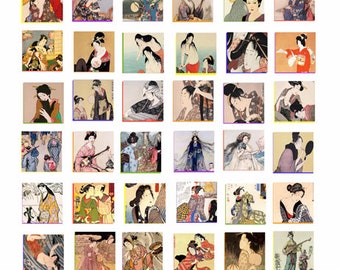 vintage asian chinese japanese women men clipart digital download collage sheet 1" inch squares images printables diy crafts