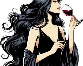 sexy goth dark hair woman drinking wine png • wine drinking art jpg pdf • vampire art Instant Download • digital print printable