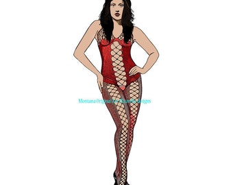 cartoon pinup girl red fishnet body stocking printable art clipart png fashion digital image woman graphics instant downloads die cuts