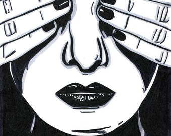 original horror art ink drawing peek a boo lady dark gothic art witches modern