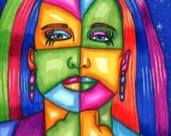 Lady Of The Stars, abstract original art, markers drawings, mixed media, colorful, womans face, modern contemporary" 9"x 12"