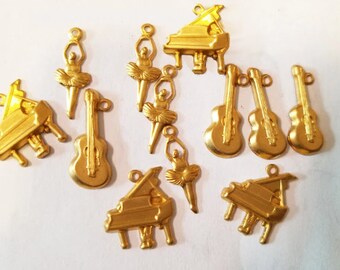 brass musical instrument charms metal music charms guitar piano gold 12 vintage charms