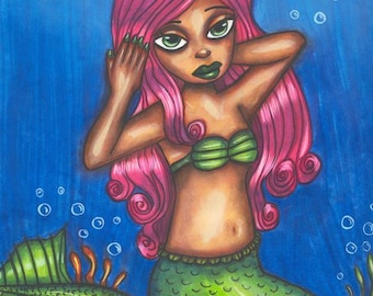 pink hair black mermaid girl original art print big eye art original drawing fantasy fairytale outsider art By Elizavella