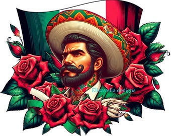 Mexican man Mexico flag png clipart, man wearing sombrero hat png jpg printable COLOR ILLUSTRATION art digital download