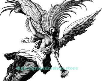 guardian male angel blowing horn, vintage art printable, clipart png instant download, digital print graphics designs